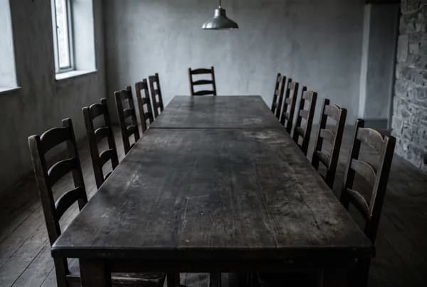 A long dark oak table with eight chairs tucked in and one at the far end pulled out and turned away, lit by flat overcast light from a window out of frame.