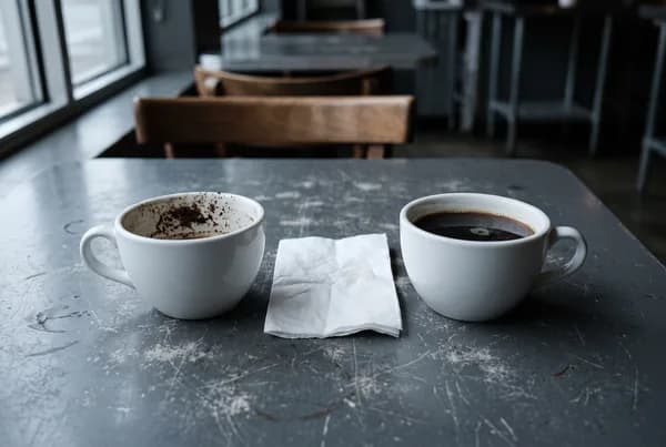 Two white coffee cups on a scuffed grey cafe table, one drained and one still nearly full and cold, with a folded napkin between them.