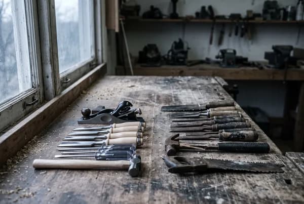 A worn workshop bench with two sets of hand tools laid side by side, one clean and unused and the other worn and disordered, sawdust across the surface.