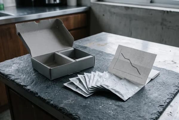 An opened supplement subscription box on a kitchen bench with foil sachets fanned beside it and a folded insert showing a descending line graph.