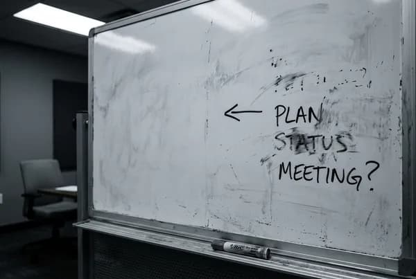 A half-wiped meeting-room whiteboard with a few disconnected words and an arrow left in dry marker and a capped pen in the tray.