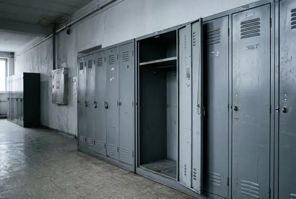 A row of grey steel lockers in a corridor with every door shut except one, which stands open on an empty interior.