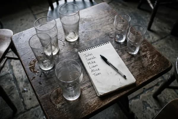 A pub table from above with six empty glasses and a notepad carrying a short handwritten list of first names.