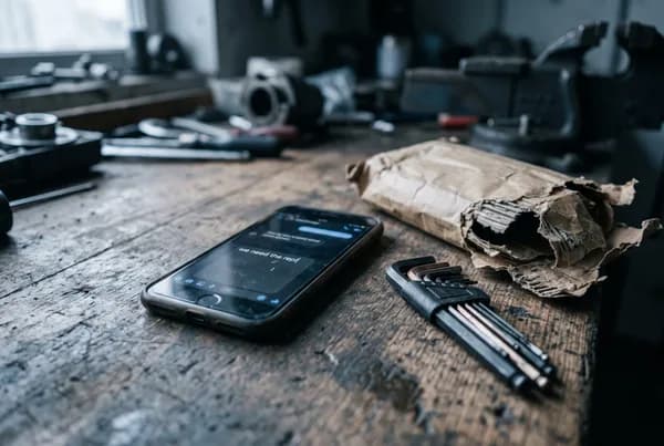 A phone on a workbench showing a message box with a half-typed line of text, beside a set of allen keys and a torn parcel.
