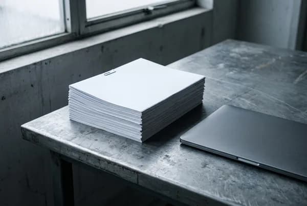 A squared stack of plain printed reports with blank covers on a grey steel desk beside a closed laptop, under flat overcast light.