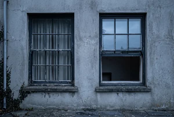 Two identical sash windows in a grey wall at dusk, one with the curtains drawn and the other open to a dim unlit room.