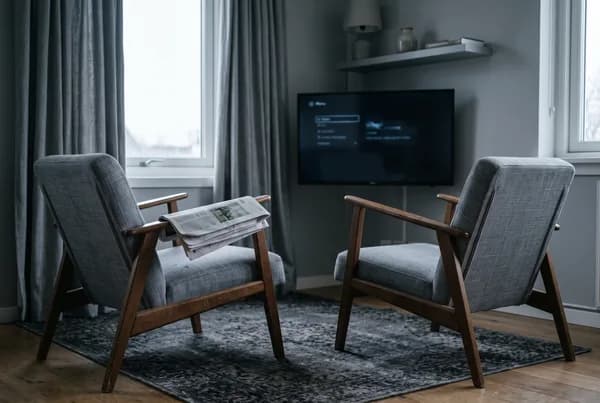 Two armchairs angled at a television in a tidy lounge room, one with a folded newspaper on the arm and one empty.