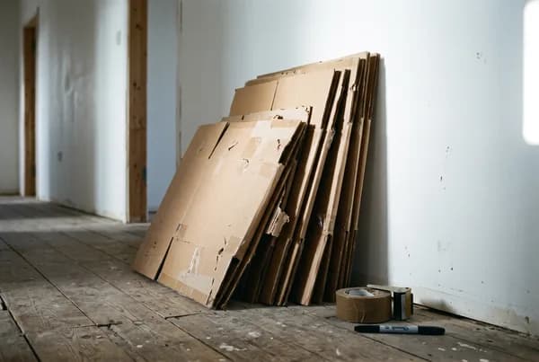 Flattened removal boxes stacked against a bare hallway wall with a roll of packing tape and a marker on the floorboards.