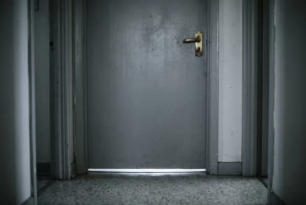 A plain closed door in a dim hallway with a thin band of cold light showing along the floor beneath it.