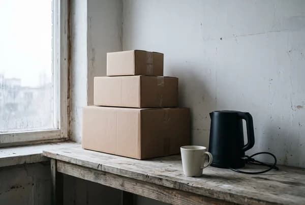 A bare kitchen counter in an unfurnished flat with three unopened cardboard boxes against the wall and a kettle and single mug set out.