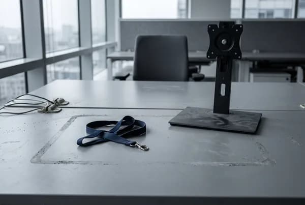 An emptied grey office desk with a coiled lanyard, a bare monitor stand and a clean dust outline where equipment stood.