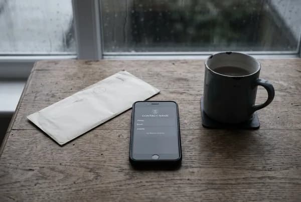 A phone on a desk showing a contact card with no recent activity, beside a cold mug of tea and an unopened envelope.