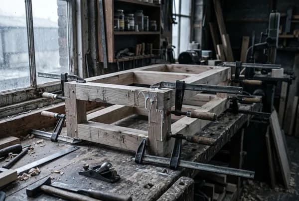 A half-built timber frame clamped on a workbench with glue drying at the joints and the clamps still in place.