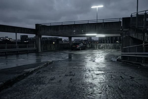A nearly empty multistorey car park deck at dusk with one car parked alone under a cold overhead light on wet concrete.