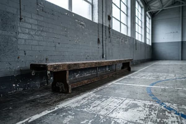 A worn wooden bench along a school gym wall with faded painted line markings on the floor in front of it.