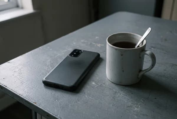 A mobile phone lying face down on a grey kitchen table beside a cold cup of tea, under flat overcast light.