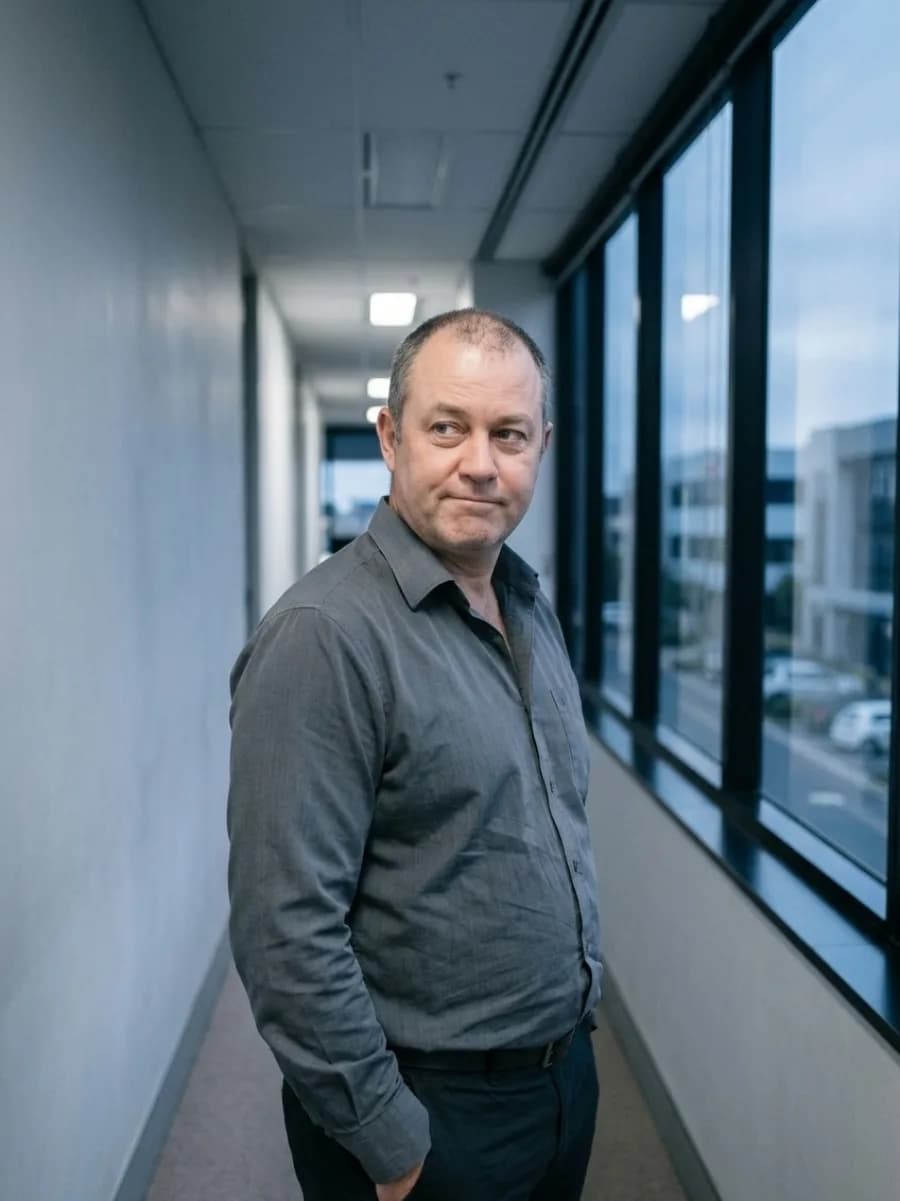 Daniel Marsh seated at a table, looking away from the camera, in overcast light.