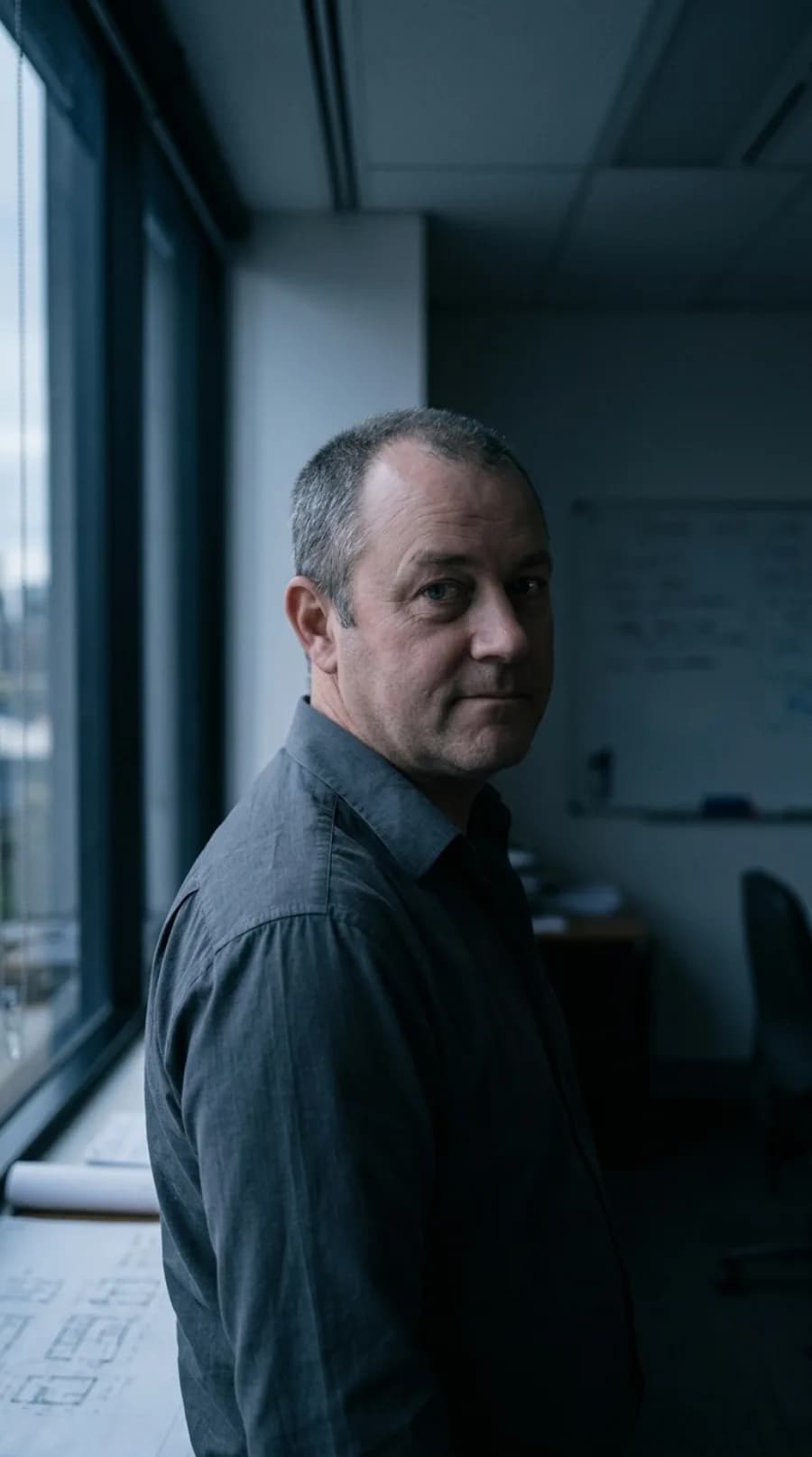 Daniel Marsh, mid-forties, in an open-collar shirt against a plain wall in cool daylight.