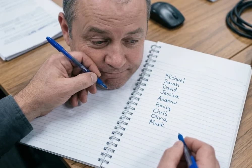 A hand-written list of first names in a notebook on a work surface.